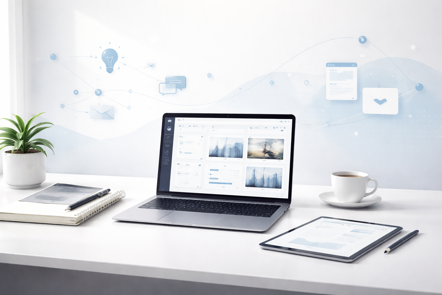 Minimalist freelance workspace with laptop, notebook, tablet, coffee cup, and plant. Abstract icons represent networking, creativity, and portfolio building.