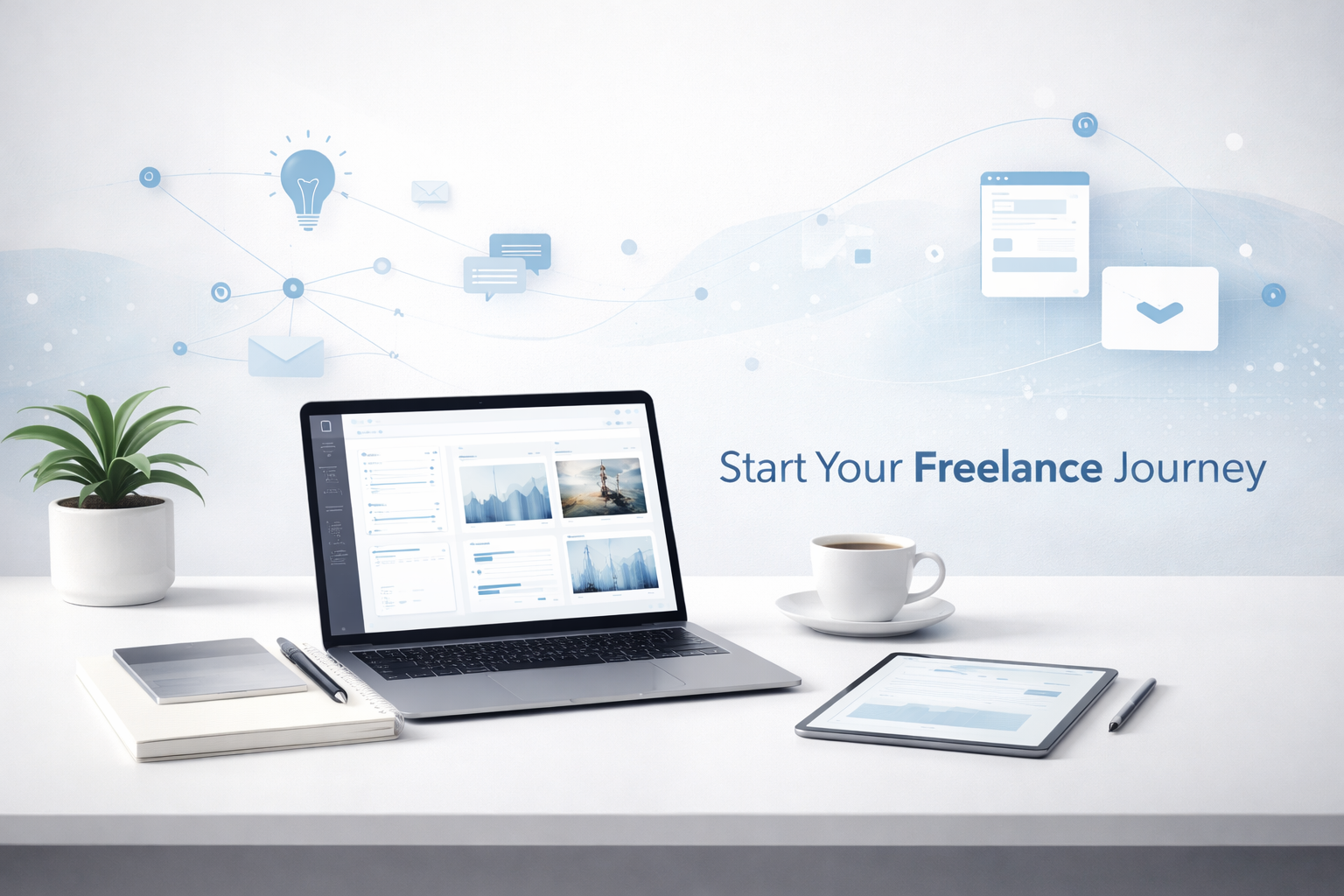 Clean freelance workspace featuring laptop, tablet, notebook, coffee cup, and plant. Includes one-line text: 'Start Your Freelance Journey' with abstract networking and creativity icons.