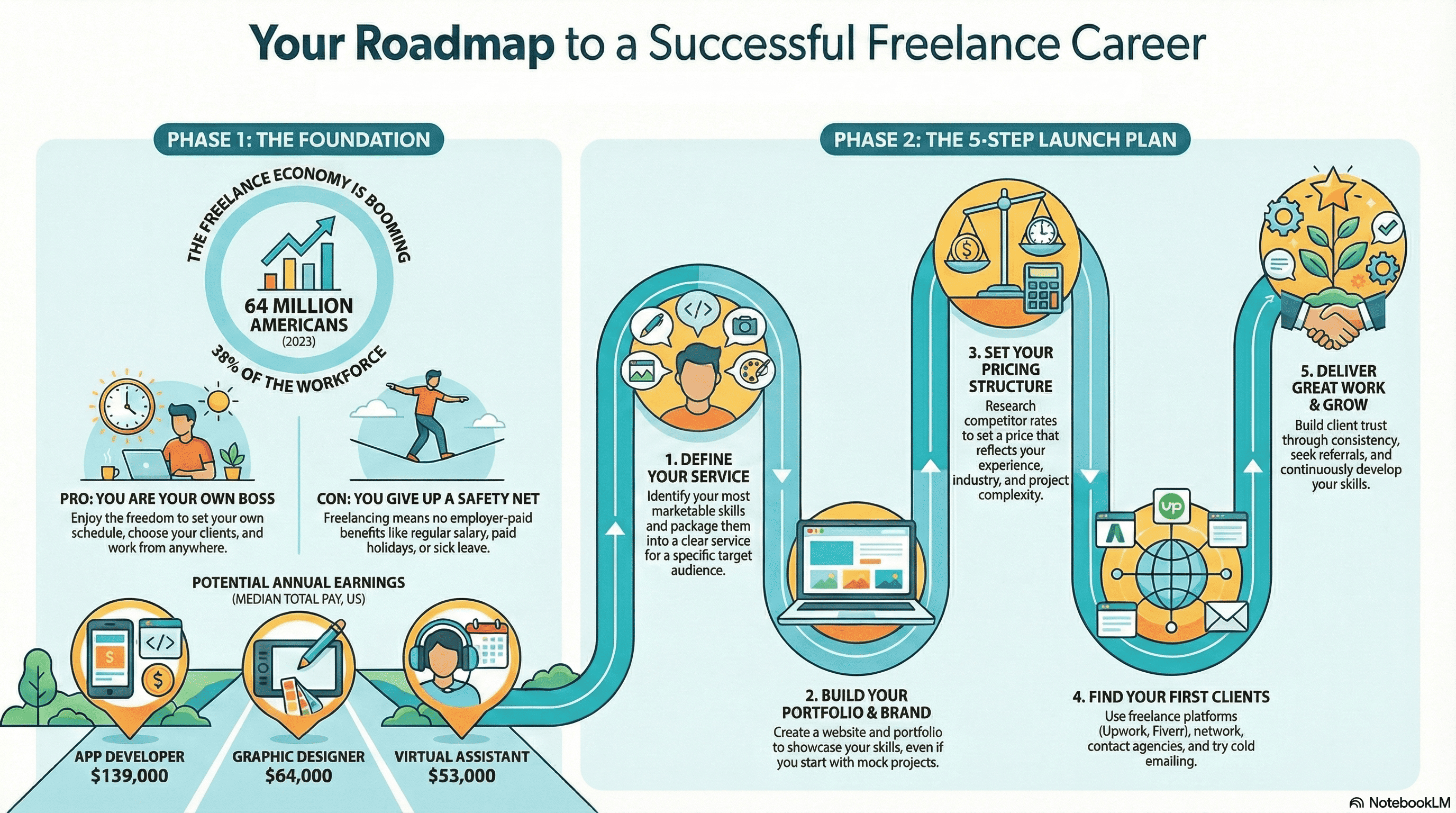 Infographic showing a roadmap to becoming a successful freelancer, including steps like building a portfolio, gaining credibility, finding clients, and scaling a freelance career.