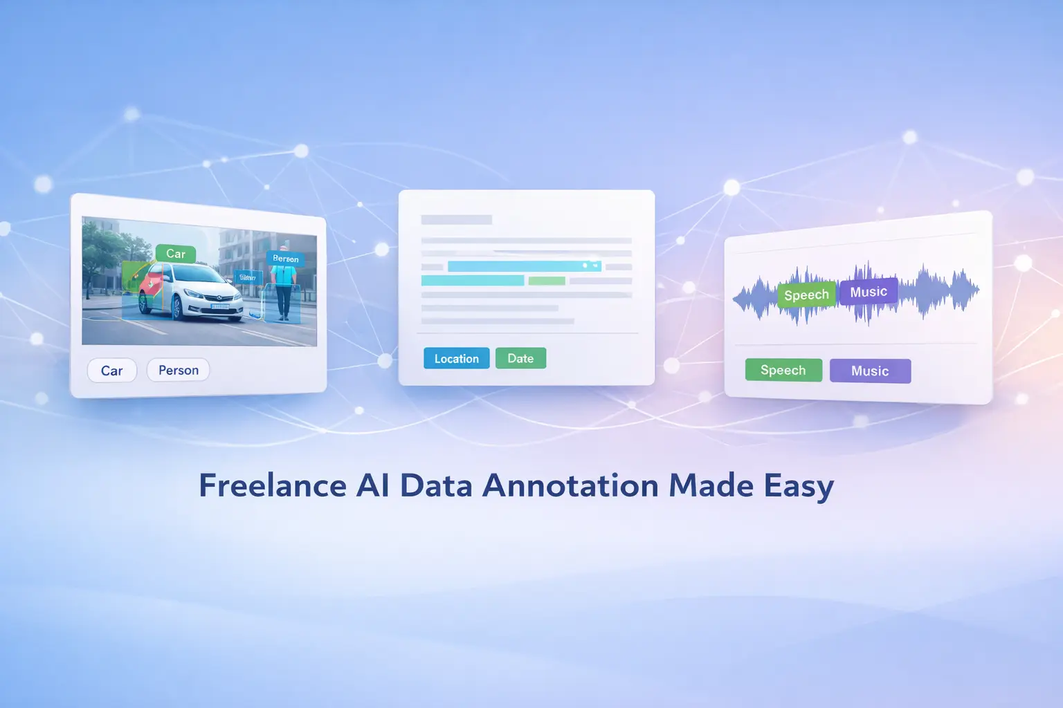 Professional digital illustration of AI data annotation workflow, highlighting labeling of images, text, and audio in a modern, simple layout.