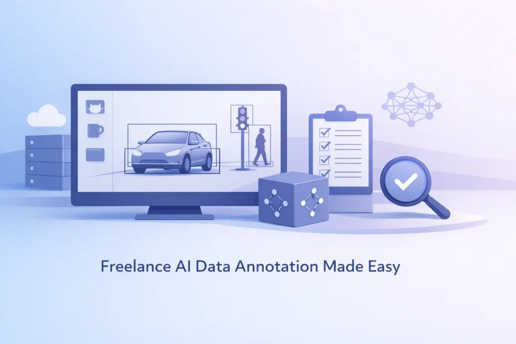 Minimalist landscape design representing freelance AI data annotation with neural network lines and clear task visualization.