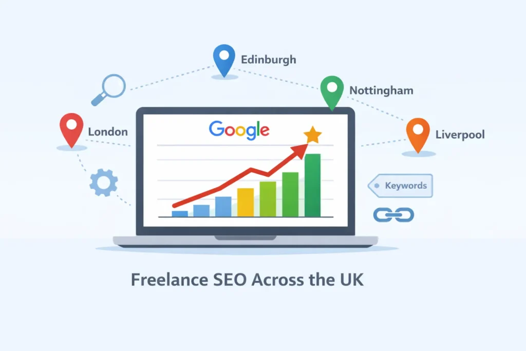 Landscape illustration of a laptop showing a rising SEO chart with subtle icons for keywords and links, highlighting freelance SEO services in London, Edinburgh, Nottingham, and Liverpool.