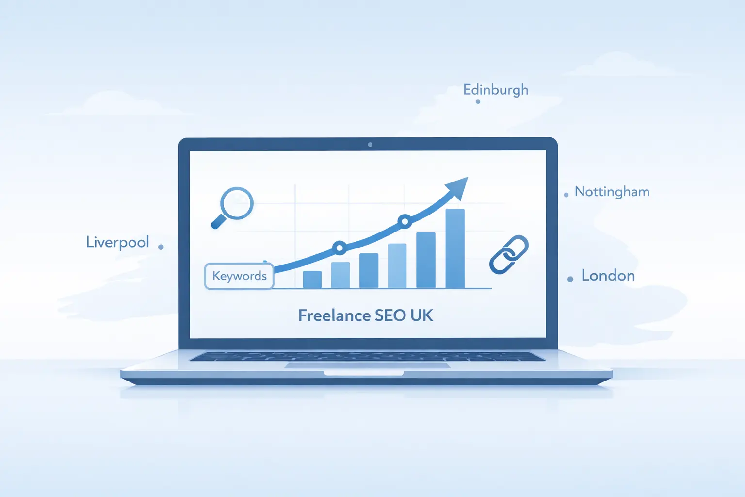 Clean landscape illustration of a UK map with marked cities and arrows connecting to a central website icon, representing freelance SEO growth in London, Edinburgh, Nottingham, and Liverpool.