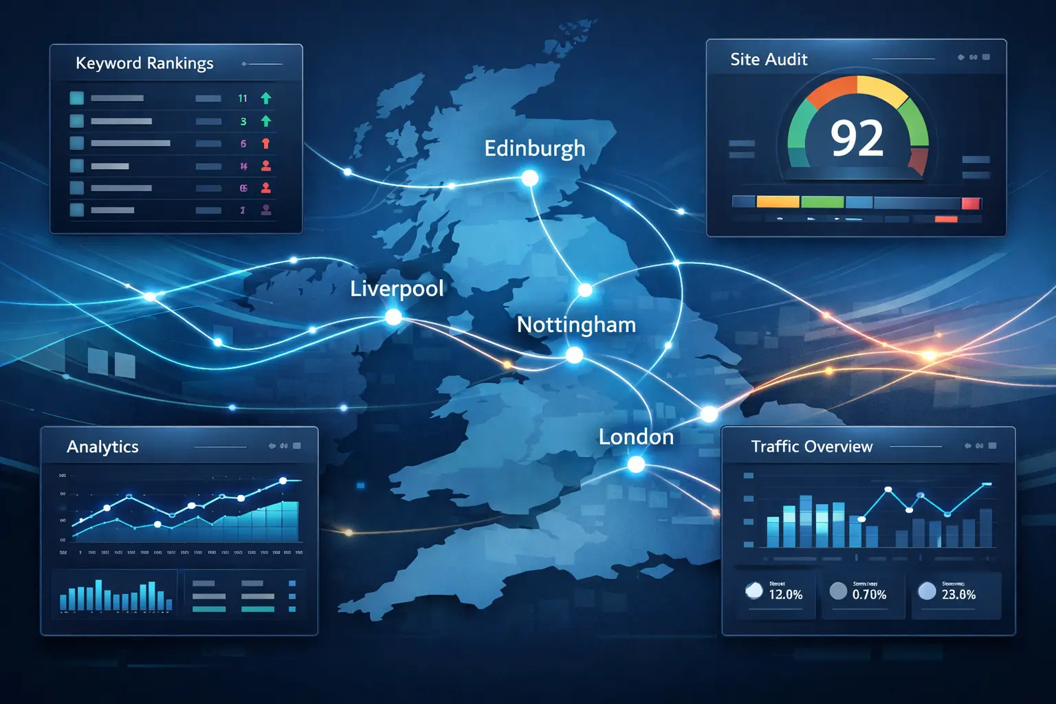 Landscape illustration of a website dashboard with SEO metrics, graphs, and data flow lines connecting London, Edinburgh, Nottingham, and Liverpool, showing technical freelance SEO activity across the UK.