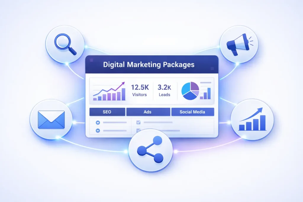 Professional featured image showing digital marketing packages dashboard with icons for SEO, advertising, social media, email, and analytics, clean landscape layout for business blog.