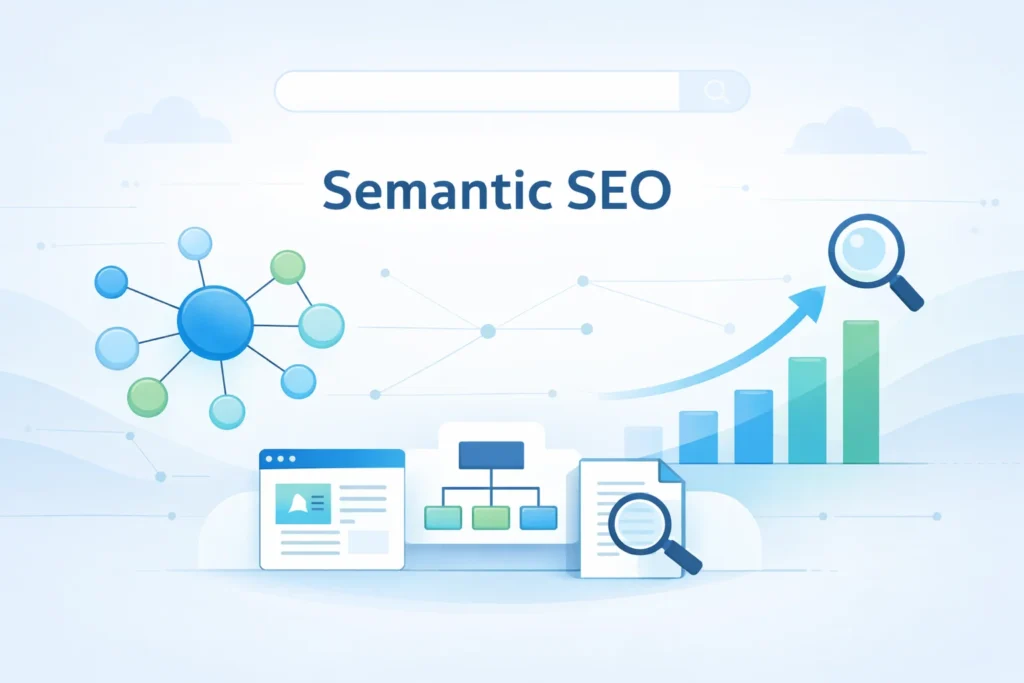 Landscape illustration of semantic SEO showing topic clusters and content relationships for Ben Stace SEO strategies.