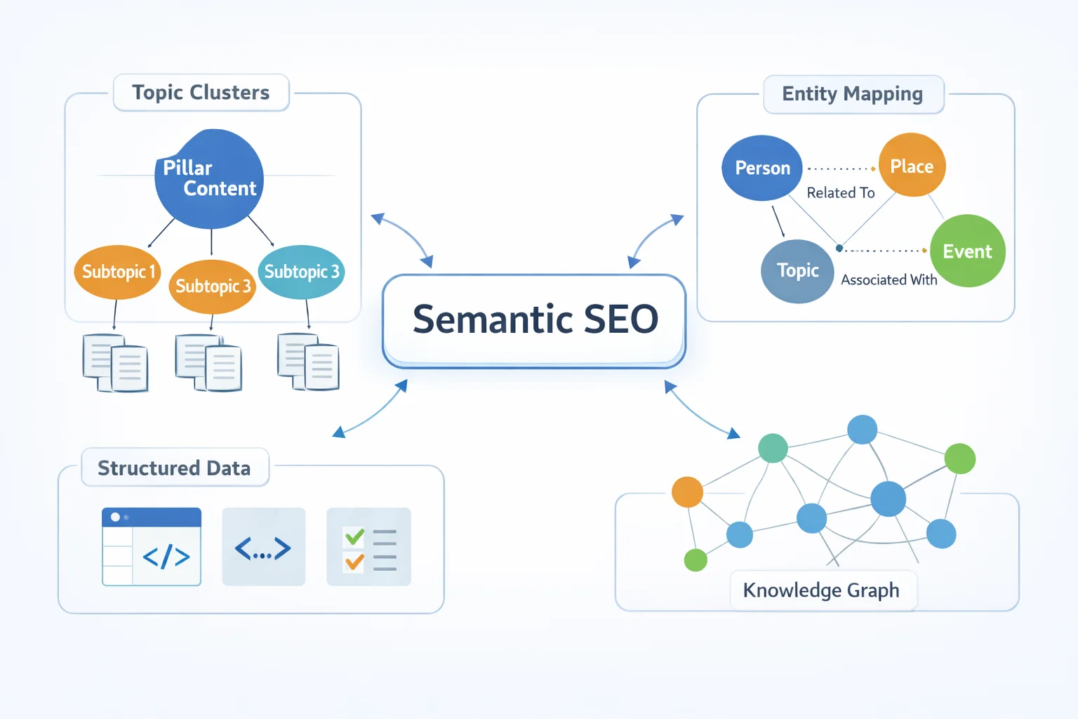 Clean visual of semantic SEO concepts, including topic mapping and entity connections, demonstrating Ben Stace SEO methods.