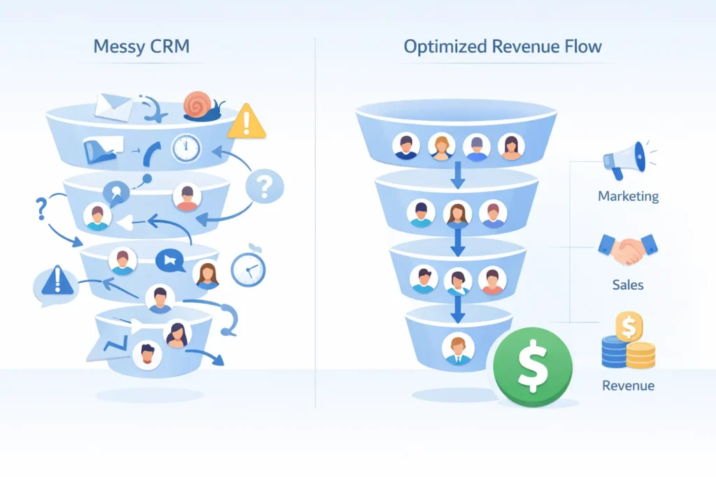 Comparison of messy vs optimized CRM pipeline showing faster lead movement using velocity RevOps CRM optimization services.