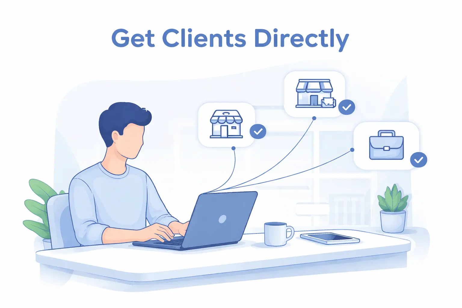 A professional workspace showing a laptop with simple connection lines to small business icons, illustrating direct client acquisition without freelance platforms, how to get first freelance client without upwork or fiverr.