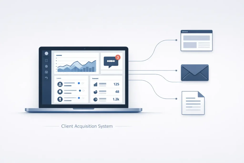 A technical workspace showing a laptop with a dashboard interface and structured connection lines to client icons, representing an organized client acquisition system without freelance platforms, how to get first freelance client without upwork or fiverr.
