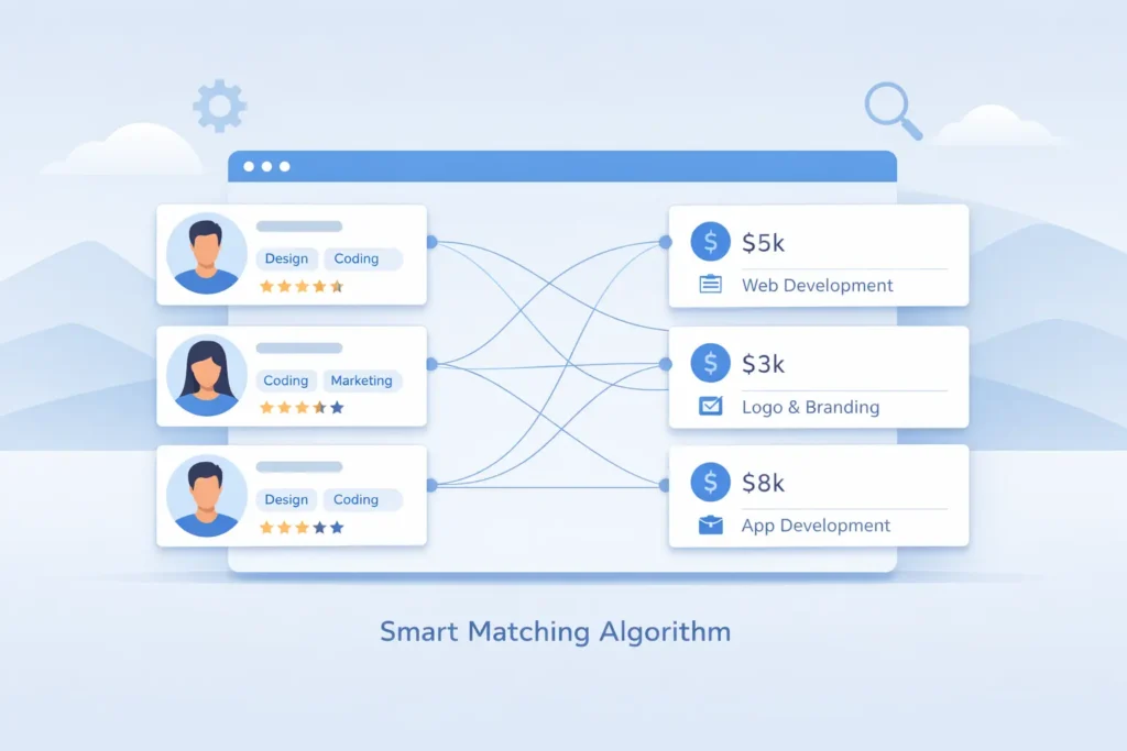 existing algorithms for matching freelancers with projects shown as a clean dashboard connecting freelancer profiles with project requirements existing algorithms for matching freelancers with projects​