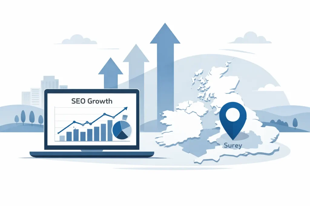 freelance SEO consultant Surrey Professional landscape illustration of SEO consulting for Surrey businesses, showing a laptop with website analytics, keyword icons, a local map pin, and growth charts, in a clean blue and gray design.