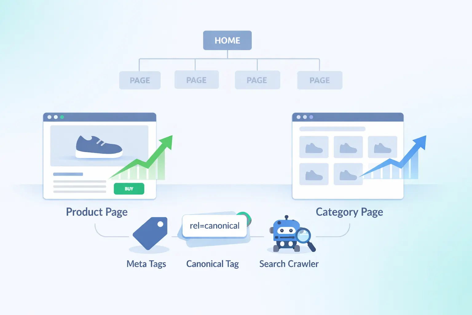 A freelancer sitting at a modern desk, looking at a single laptop screen showing an online store page with a small graph of rising rankings. Minimal environment, clean background, subtle tech elements like search icons floating around, soft lighting, landscape format, professional digital illustration, visually easy to understand, clear focus on eCommerce SEO work.
