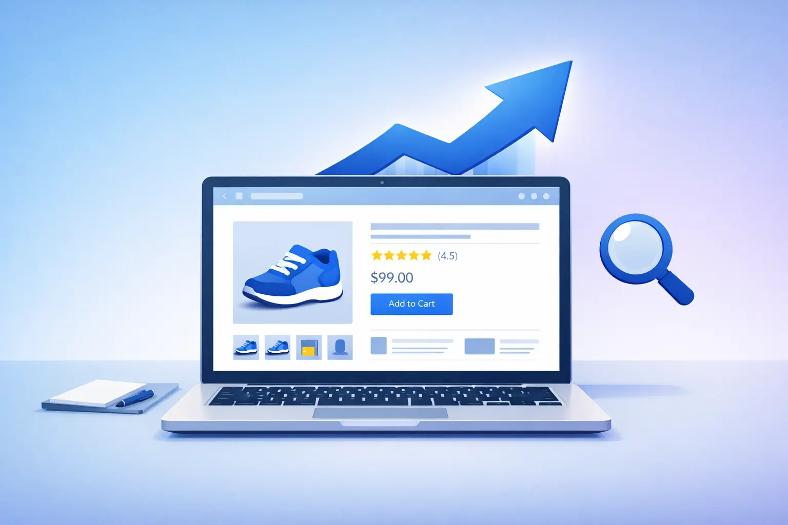 A sleek laptop on a desk showing a single product page with a glowing upward arrow above it, symbolizing SEO growth. Minimal background, soft gradient in blue and purple, magnifying glass icon subtly floating near the screen. Landscape orientation, simple composition, clean and professional, emphasizing search optimization and eCommerce growth, ultra-detailed digital illustration.