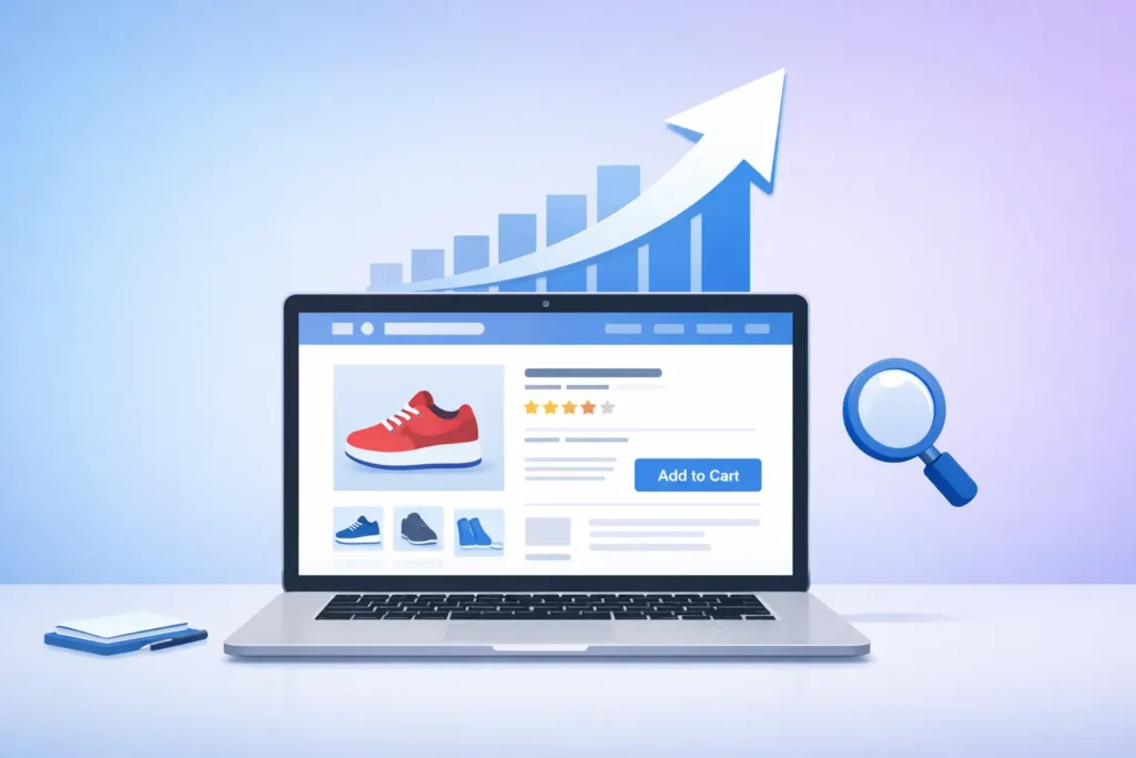 A single product card on a floating screen with a rising arrow above it, representing improved search engine rankings. Clean and simple layout, soft gradient background in blue and purple, minimal icons like magnifying glass or small analytics chart, landscape orientation, modern flat digital illustration, professional and easy to understand, visually striking but uncluttered.