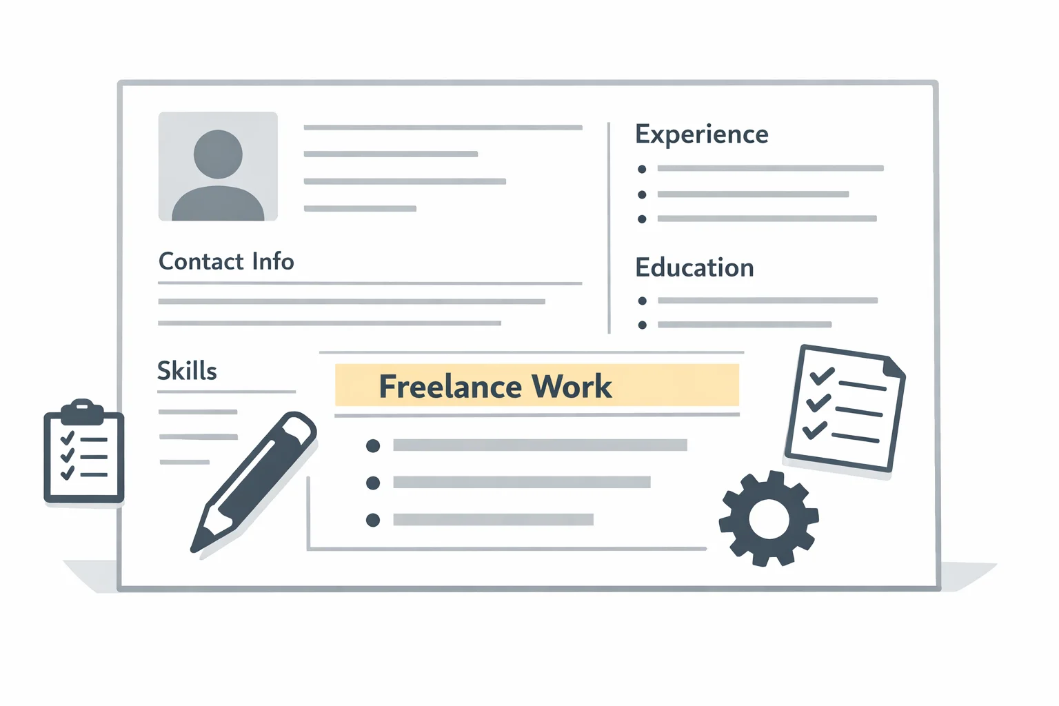 How to List Freelance Work on Resume, Simple infographic of a resume highlighting freelance work section with icons for tasks and skills.