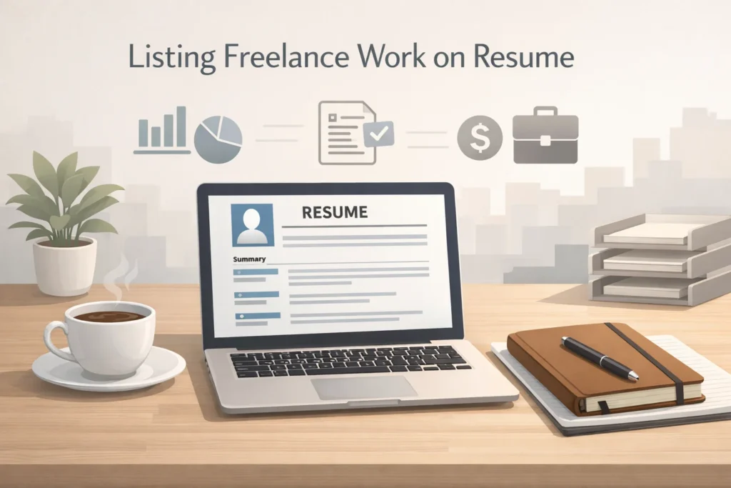 How to List Freelance Work on Resume, Professional workspace with laptop displaying a resume, icons representing freelance work, clean and minimal design.