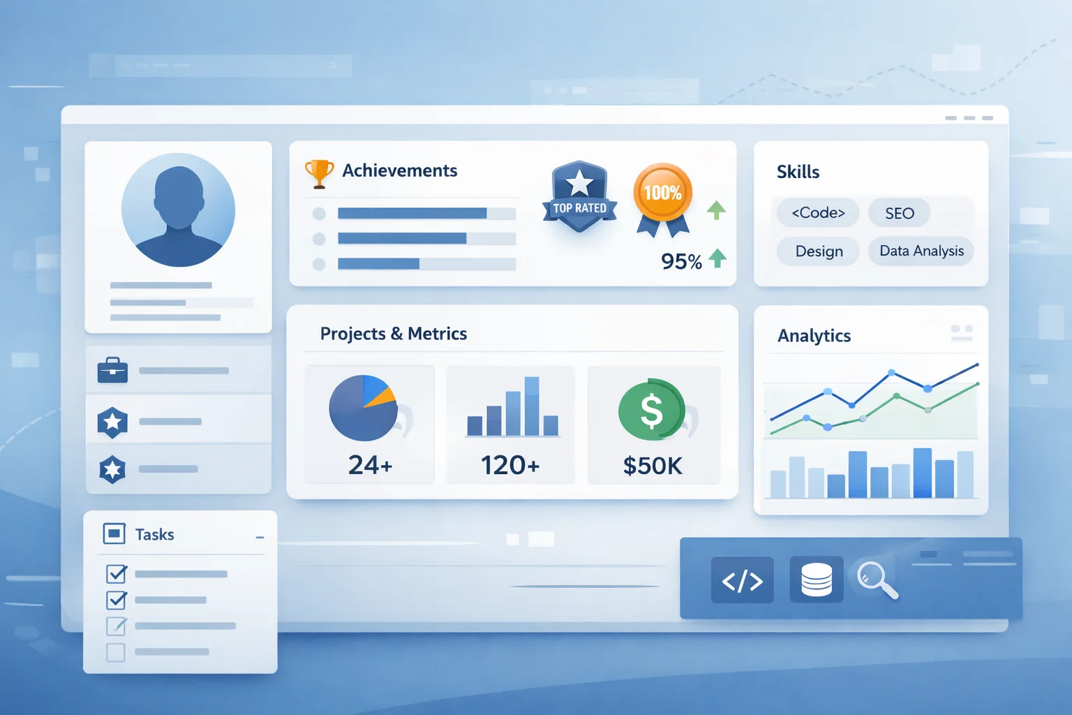 How to List Freelance Work on Resume, Digital resume interface with charts, metrics, and skills highlighting freelance work in a professional, technical style.