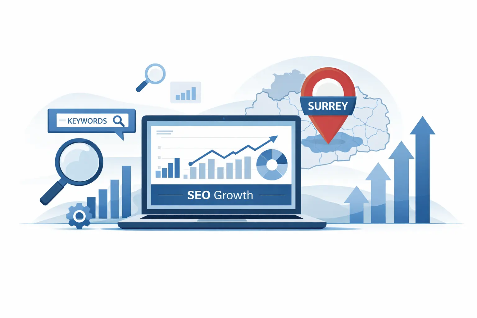 freelance SEO consultant Surrey Sleek landscape illustration representing SEO growth for Surrey businesses, featuring a laptop with analytics charts, a Surrey map pin, upward arrows, and a minimal modern blue-gray design.