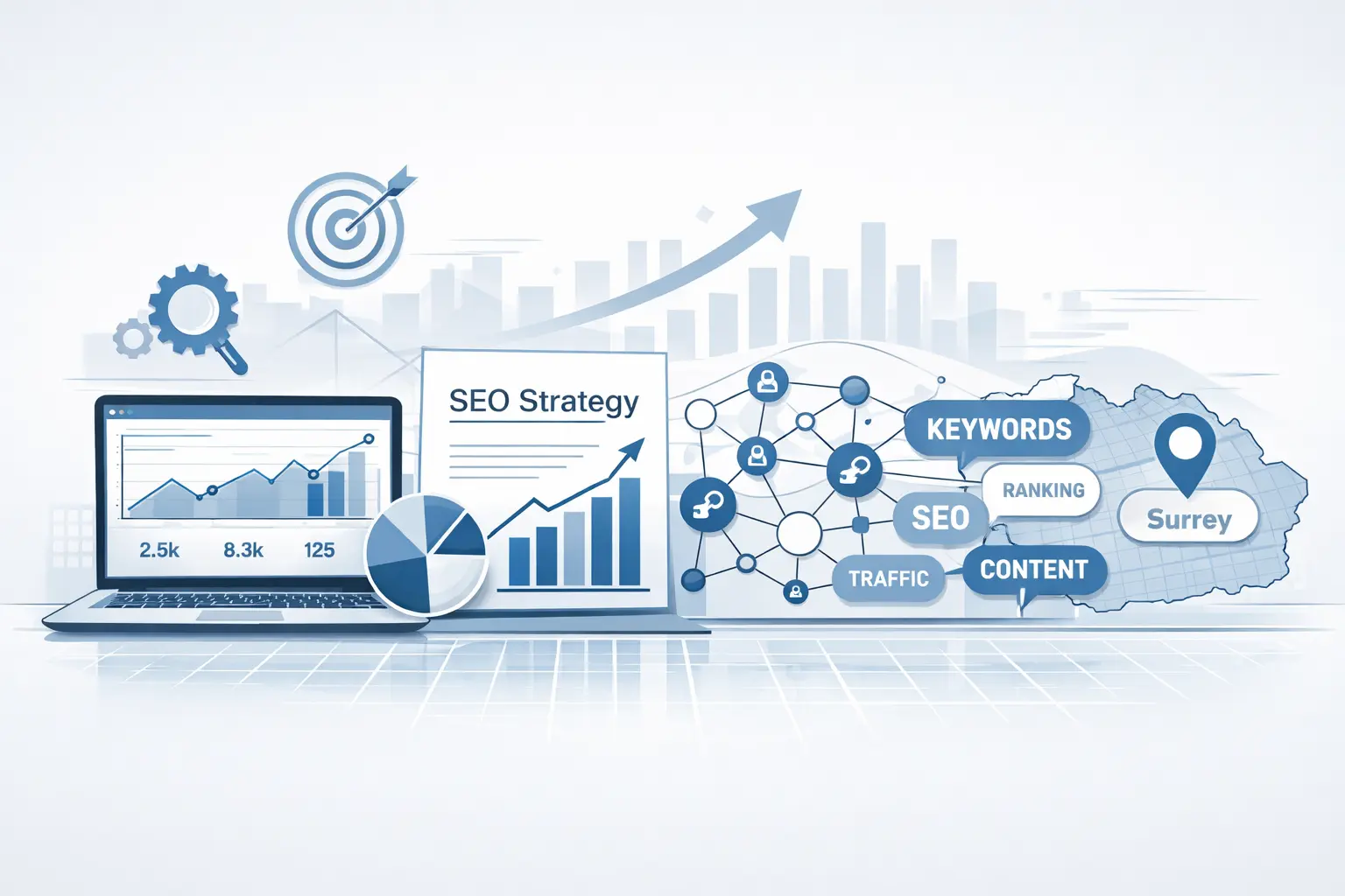 freelance SEO consultant Surrey Technical landscape illustration for SEO consulting in Surrey, showing a monitor with analytics graphs, keyword clouds, backlink network diagram, and a Surrey map pin, in a clean and minimal blue, gray, and white layout.